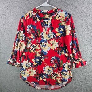 Cocomo‎ Womens Red Floral Split V-Neck 3/4 Sleeve Roll Tab Blouse Top Size S